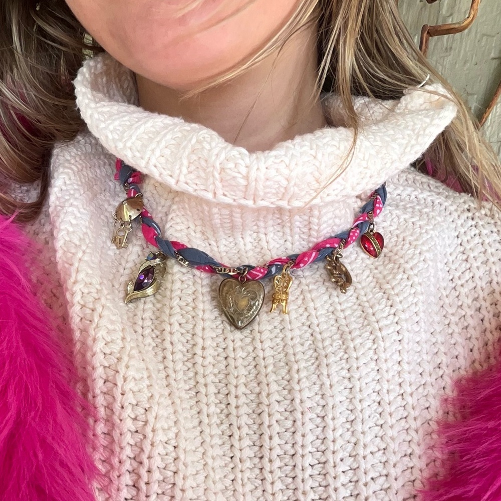 Handcrafted Bandana & Gold Reclaimed Charm Necklace